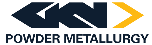 Logo with bold, dark blue geometric shapes forming the letters GKN, followed by a yellow arrow. Below, the text reads POWDER METALLURGY in dark blue capital letters.