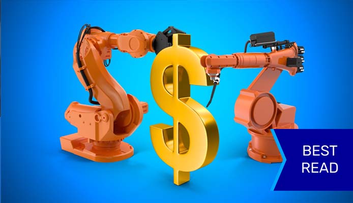 Two robot arms are constructing a dollar sign.
