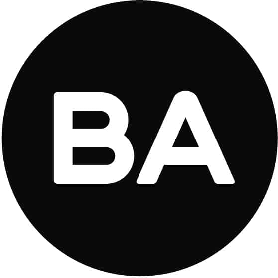 A black and white logo with a glass ba.