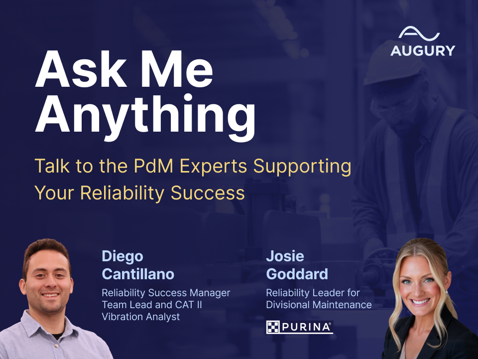 Promotional graphic for an “Ask Me Anything” event featuring Diego Cantillano and Josie Goddard, with their titles and company logos, against a blue background with a faint image of a worker in the background.
