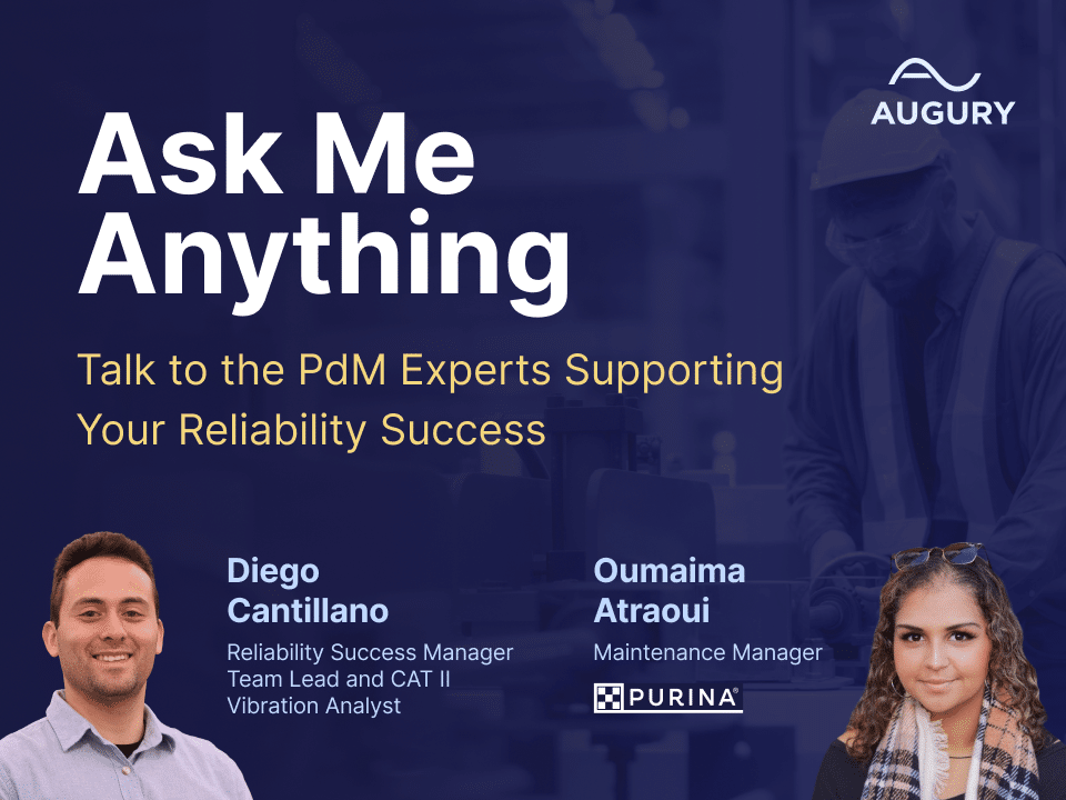 Promotional graphic for an Ask Me Anything event by Augury, featuring Diego Cantillano and Oumaima Atraoui, with their titles and company logos. Background shows workers in an industrial setting.