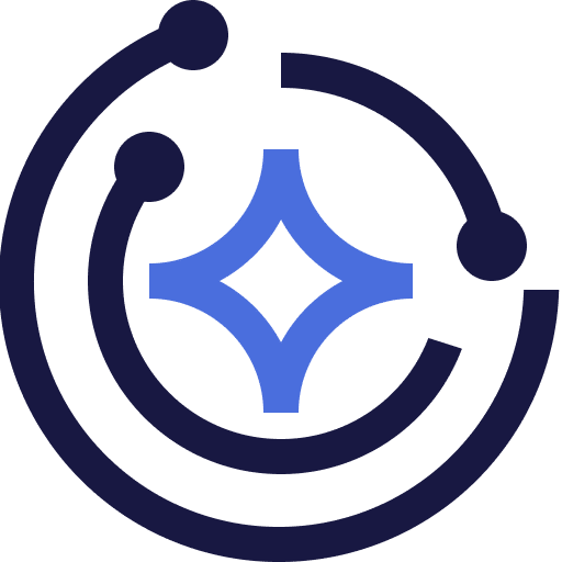 Abstract logo with two black curved lines and circles surrounding a blue star-like shape in the center, all on a light gray background.