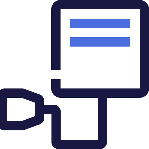 A stylized icon of a computer monitor connected by a cable to a trapezoidal shape, with two blue horizontal bars on the screen, symbolizing a connected device or display.