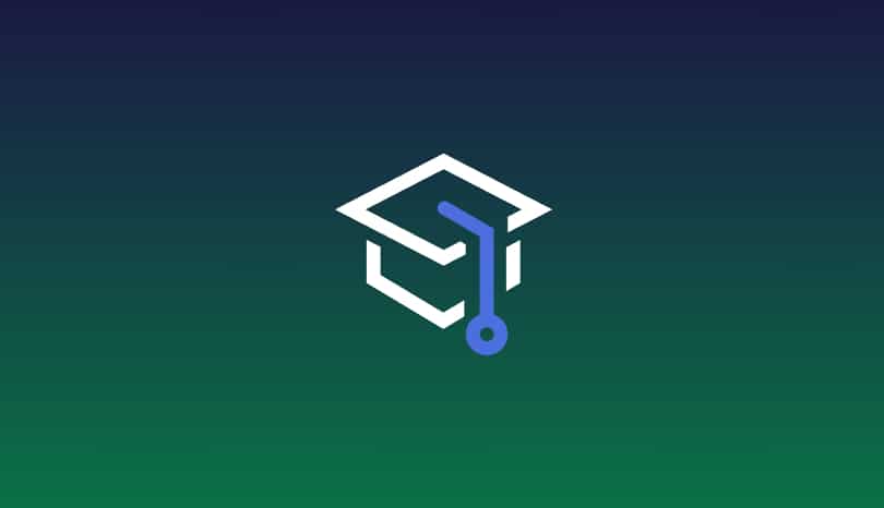A white graduation cap icon with a blue tassel on a dark blue to green gradient background.
