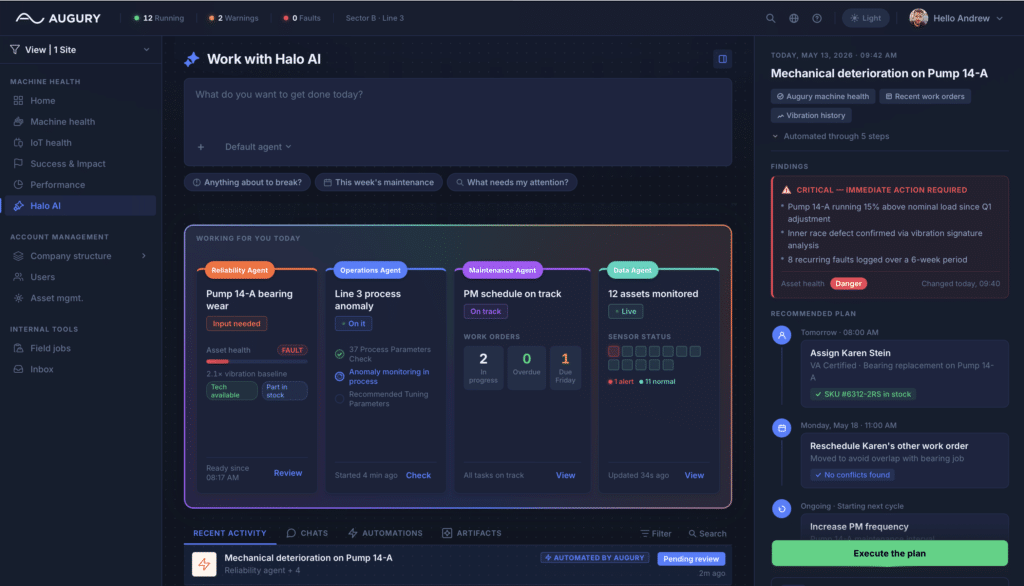 A dark-themed dashboard displays an AI-powered maintenance system with a sidebar menu, task cards for reliability, operations, and maintenance agents, and an alert panel for mechanical deterioration on Pump 14-A.