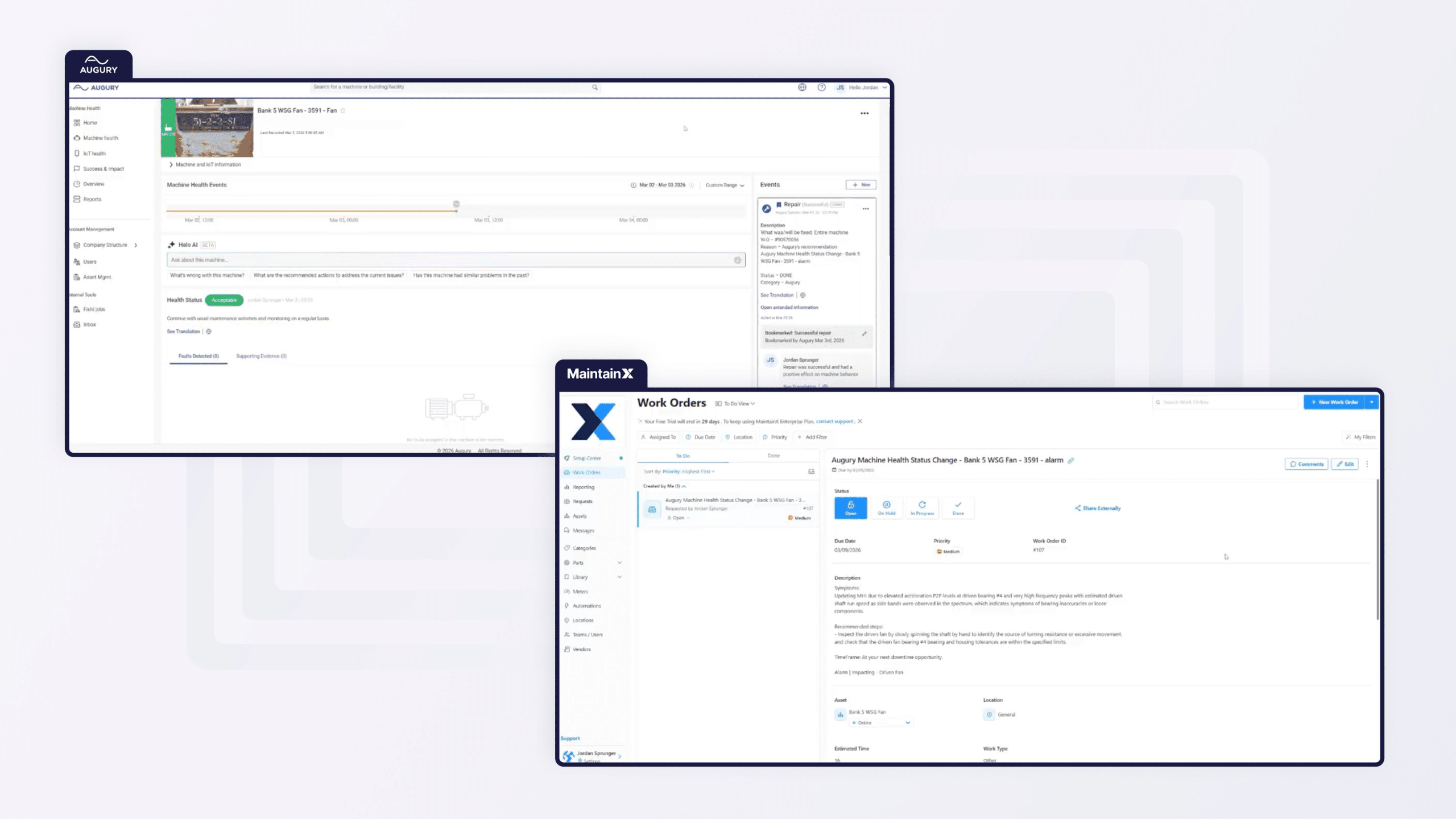 Two overlapping software dashboards are shown. The top window displays an asset details page, while the bottom window shows a work order with maintenance task details, forms, and activity history. Both have clean, modern interfaces.