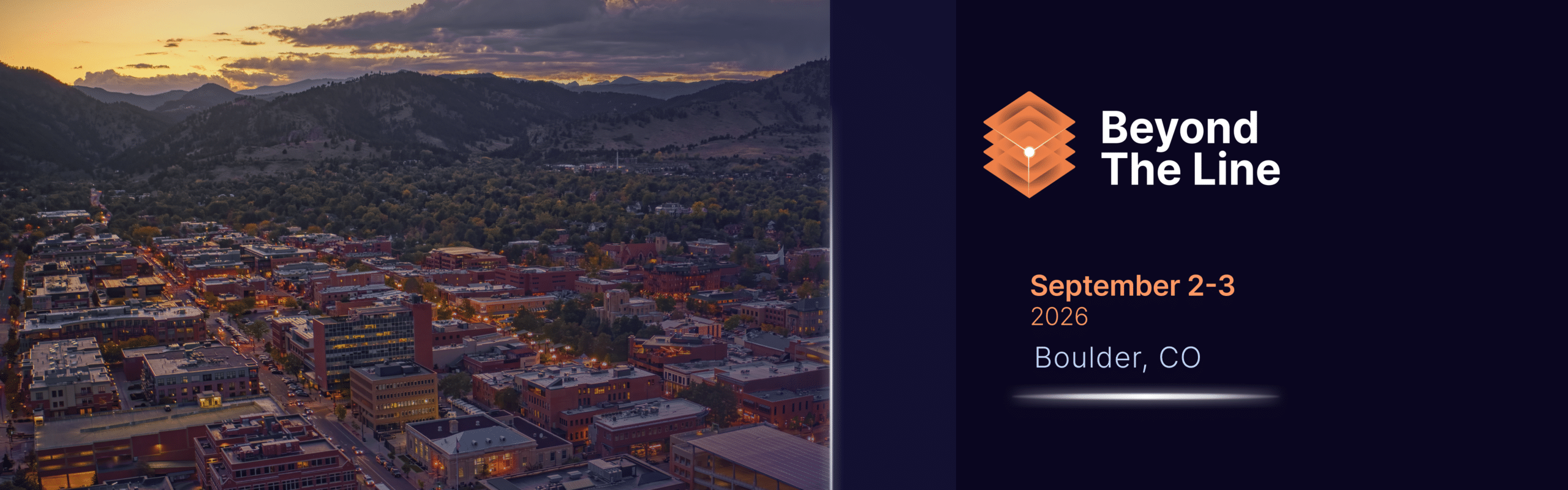A sunset aerial view of Boulder, CO with Beyond The Line event text: September 2–3, 2026, Boulder, CO, and an orange geometric logo on a dark background.