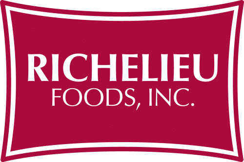 The image shows the Richelieu Foods, Inc. logo with white text on a red, curved rectangular background. The words “RICHELIEU FOODS, INC.” are centered in bold, uppercase letters.