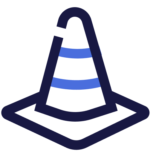 Minimalist illustration of a traffic cone with a thick dark outline and two blue horizontal stripes, set against a light gray background.