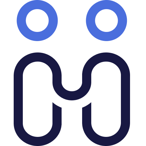 A minimalist graphic featuring two blue circles above two thick, curved black lines that mirror each other, creating an abstract representation of two people facing each other. The background is light gray.