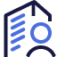 Abstract icon of a document with horizontal blue lines and a large blue circle overlapping a smaller curved line, resembling a stylized person in front of the document.