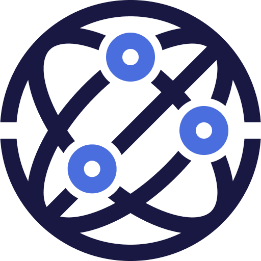 Stylized illustration of three blue circles connected by curved navy lines, resembling an abstract representation of atomic or molecular structure on a light gray background.