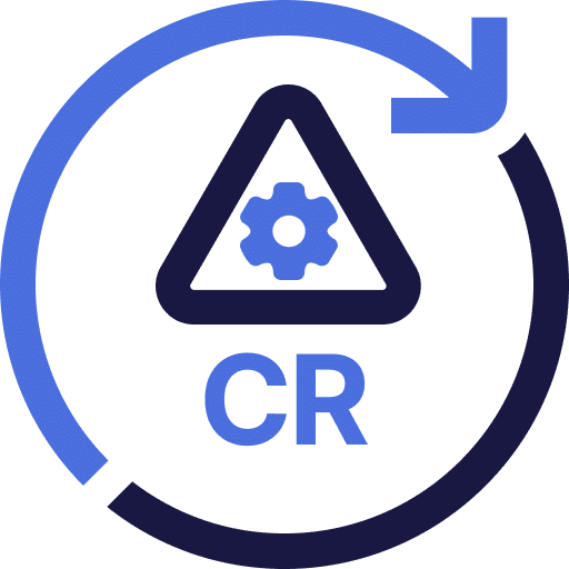 A circular blue and navy icon with a rotating arrow surrounding a triangular warning sign with a gear inside, and the letters CPR below.