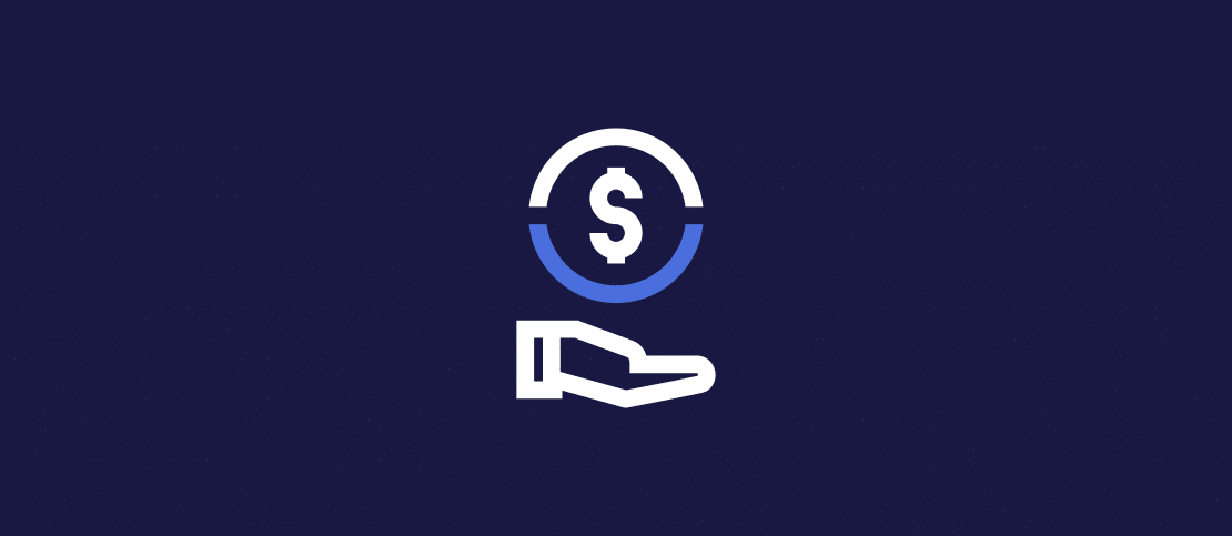 A simple icon of an open hand below a dollar sign enclosed in a partial circle, on a dark blue background, symbolizing receiving money or financial support.