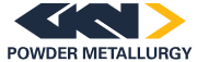 Logo of GKN Powder Metallurgy, featuring dark blue geometric shapes forming GKN with a yellow arrow on the right, and the text POWDER METALLURGY written below in uppercase letters.