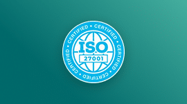 A blue and white circular badge displaying ISO 27001 Certified on a gradient teal background, indicating certification for information security management.