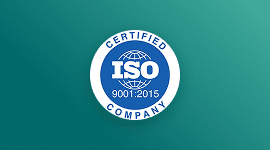 A round blue and white badge with the text “ISO 9001:2015 Certified Company” and a globe symbol in the center, on a green gradient background.