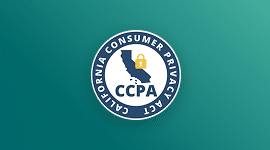 Circular CCPA logo with a map of California and a yellow padlock in the center, surrounded by the text California Consumer Privacy Act on a teal background.