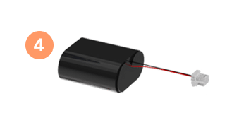 Black rectangular battery with a red and black wire attached to a white connector, labeled with an orange circle containing the number 4.