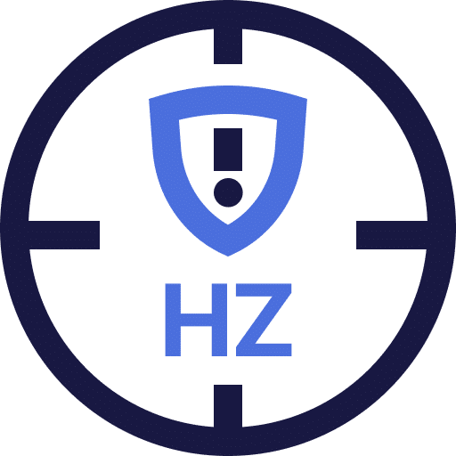 A blue shield with a white interior and two blue circles in the center is overlaid on a target symbol. Below the shield, the blue letters HZ are displayed.