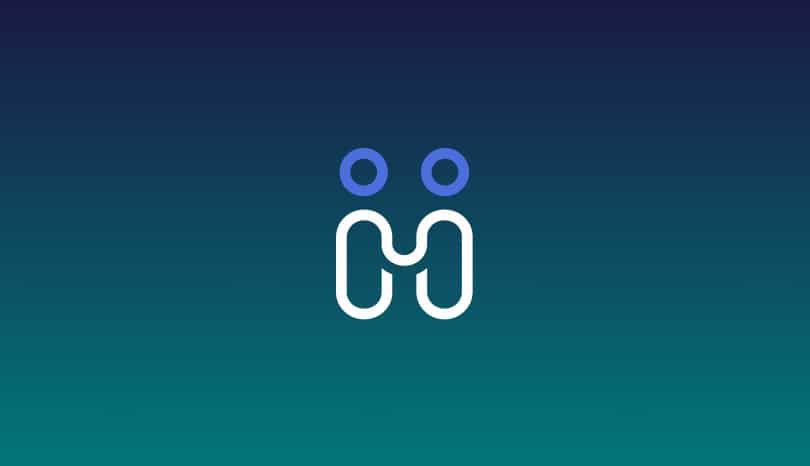 A simple white line drawing forms an abstract M shape, topped by two blue circles, on a dark blue-to-teal gradient background.