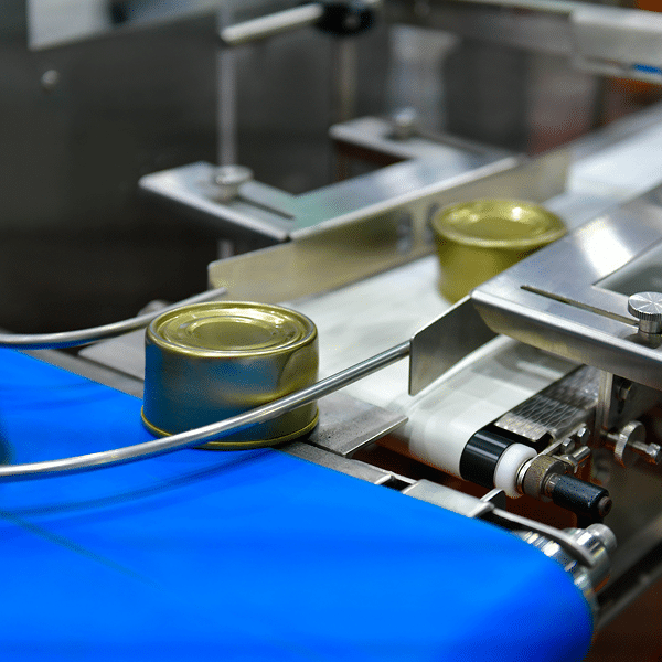 Close-up of metal cans on a conveyor belt in a food processing plant, with machinery guiding the cans along the production line.