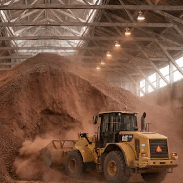 A yellow front loader moves a large pile of brown sawdust or wood chips inside a spacious industrial warehouse with exposed beams and overhead lights. Dust clouds rise around the machine as it works.
