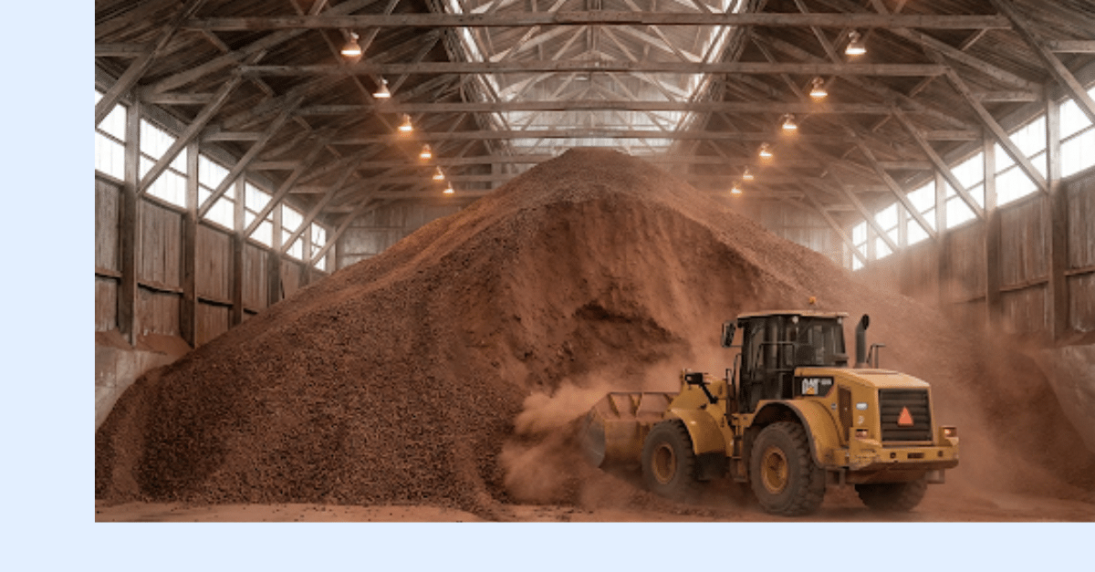 A yellow front loader moves a large pile of brown material inside a spacious warehouse with exposed beams and hanging lights. Dust rises as the loader works.