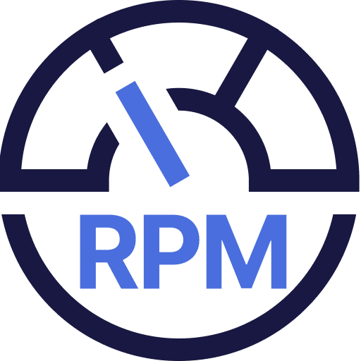 A stylized gauge with a needle pointing left and the letters "RPM" in the center, representing ultra low RPM and precision performance.