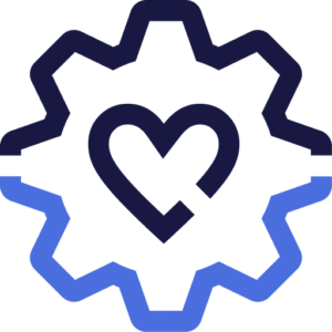 A dark blue gear icon with a heart shape in the center, symbolizing the combination of engineering or technology with care, support, or passion.