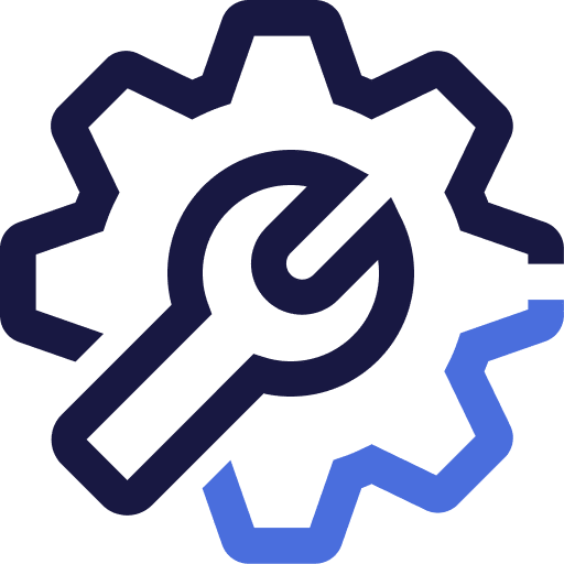 A stylized icon of a wrench overlaying a gear, symbolizing settings, tools, or technical support. The design features dark and blue gradient outlines on a light background.