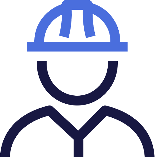 Simple line drawing of a person wearing a construction hard hat, symbolizing a construction worker or laborer. The design uses dark and blue lines on a light background.