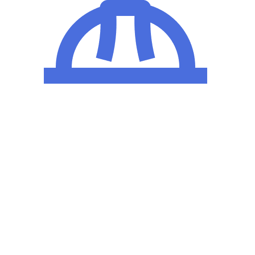 Simple icon of a person wearing a construction hard hat, depicted in blue and white on a light gray background.