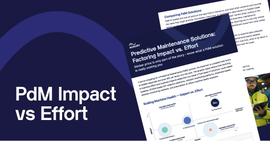 A digital graphic featuring a document about Predictive Maintenance Solutions, with the text "PdM Impact vs Effort" on a blue background and a person in safety gear in the corner.
