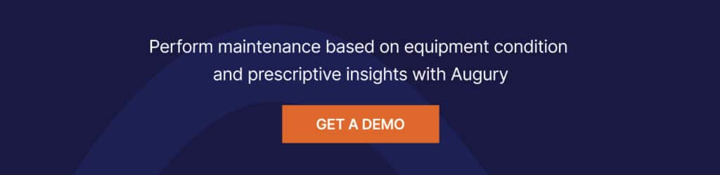 Dark blue banner with white text: Perform maintenance based on equipment condition and prescriptive insights with Augury. Below is an orange button labeled GET A DEMO.