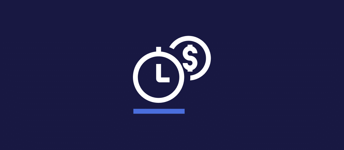 White icon of a clock with the letter L and a coin with a dollar sign on a dark blue background, symbolizing the concept of time and money. A blue line appears below the icons.