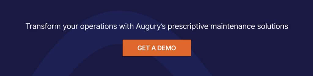 A dark blue banner with the text Transform your operations with Augurys prescriptive maintenance solutions and an orange button labeled GET A DEMO in the center.