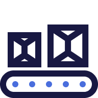 Illustration of two boxes, one small and one large, on a conveyor belt with blue dots, symbolizing a packaging or shipping process.