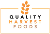 Logo for Quality Harvest Foods with an orange wheat stalk above the text. QUALITY is in black, HARVEST in orange, and FOODS in light brown, all inside an orange square outline.