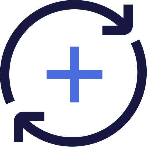A blue plus sign is centered inside a dark circular arrow, representing concepts like add, refresh, or update. The background is light gray.