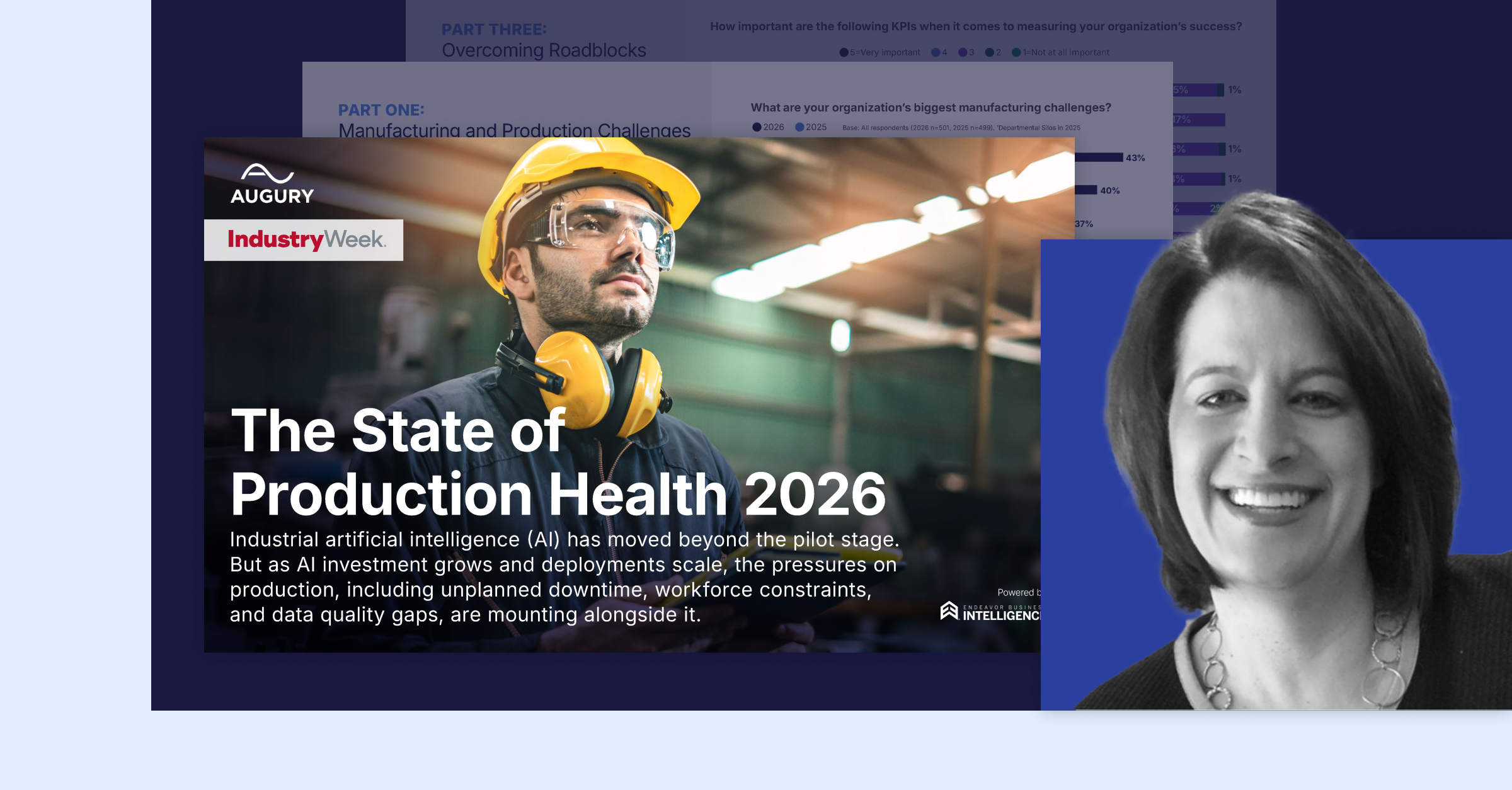 A promotional graphic for the State of Production Health 2026 features a man in safety gear, text about AI in manufacturing, and IndustryWeek and Augury logos, alongside a grayscale photo of a smiling woman.