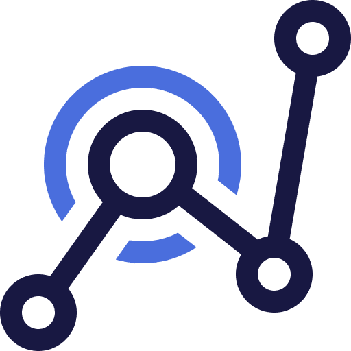 Abstract graphic with three connected black circles forming a network and two blue curved lines suggesting motion or data flow, set against a light background.