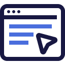 An icon of a web browser window with three horizontal blue lines and a large arrow cursor pointing to the right side, suggesting online navigation or interaction.