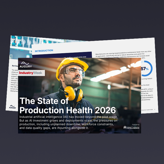 A man in a hard hat and safety glasses stands in a factory. Text reads: The State of Production Health 2026. In the background, a report page with charts and statistics is visible.