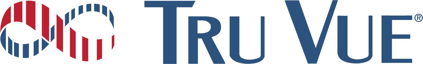 Tru Vue logo with two interlocking circles featuring red and blue stripes on the left, and the words Tru Vue in bold blue letters to the right.