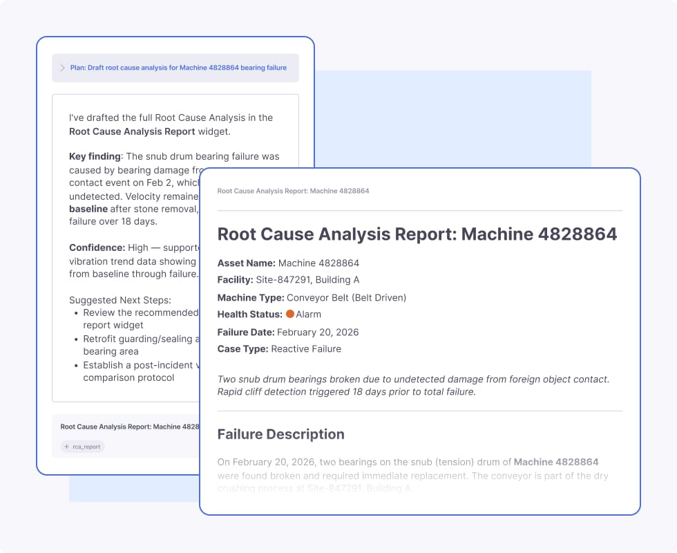A digital screenshot shows a Root Cause Analysis Report for machine 4828864, detailing failure caused by two drum bearings broken due to undetected damage from rapid belt direction changes. Text boxes highlight findings and next steps.