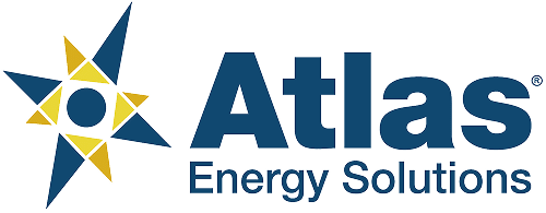 Atlas Energy Solutions logo. A stylized star with blue and yellow triangles surrounds a central yellow circle on the left. The company name Atlas Energy Solutions is written in blue to the right of the star.