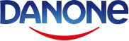 The image shows the Danone logo with the word DANONE in bold blue gradient letters above a red curved line resembling a smile.