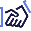 A simple icon of two hands shaking, outlined in dark blue with light blue accents, symbolizing a handshake or agreement.