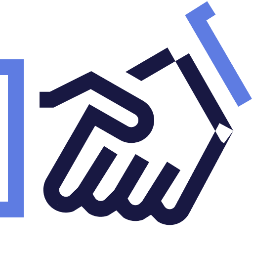 Minimalist illustration of two hands shaking, using bold, angular black and blue lines on a light background. Blue geometric shapes accentuate the image, suggesting partnership or agreement.